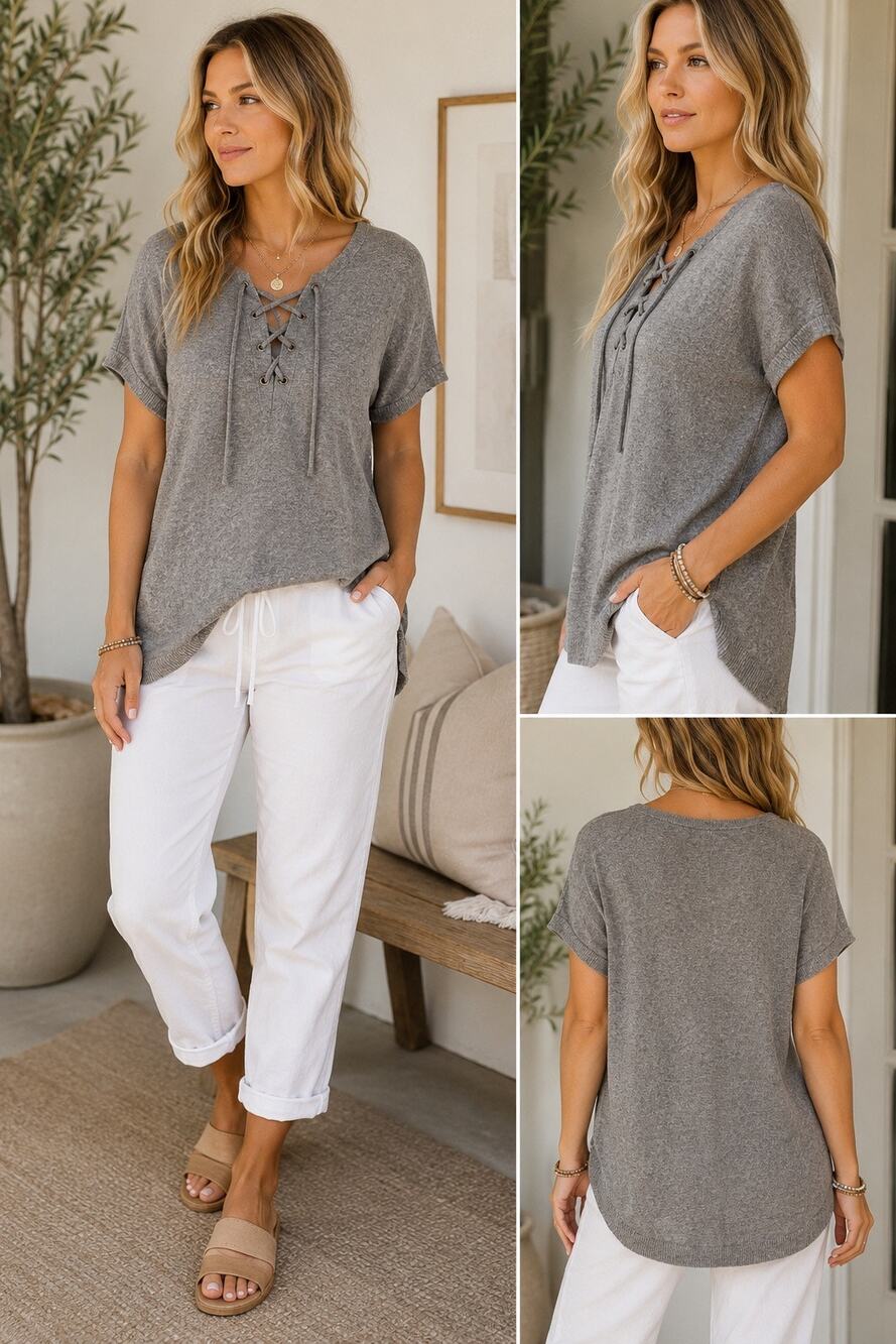 Coastal Capsule Linen Blend Lace-Up Knit Tunic Sweater Gray Oversized Hi-Low Hem